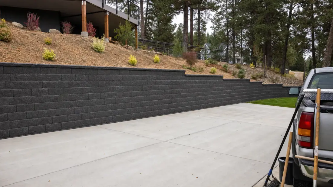 Completed retaining wall and concrete work in Spokane Valley, WA
